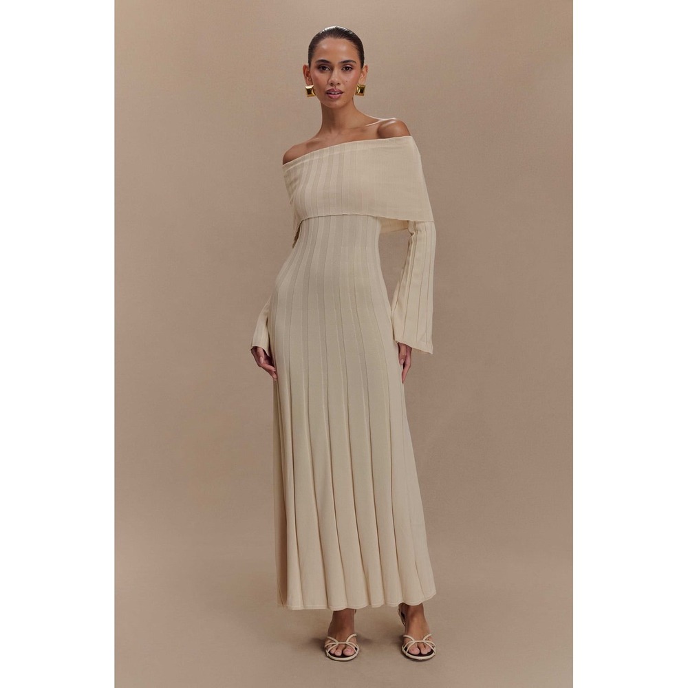 MESHKI Marisol Off Shoulder Boucle Maxi Dress Ivory Size S